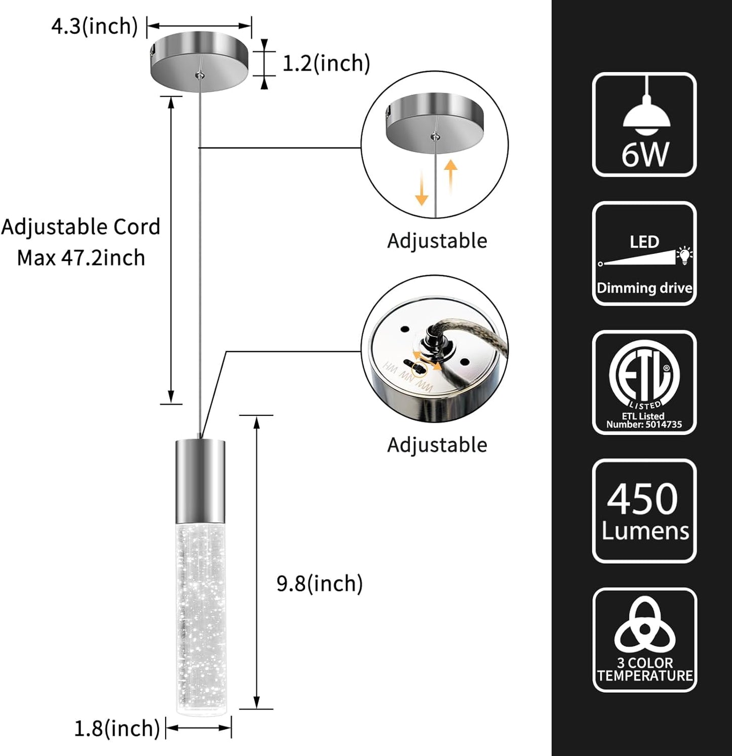 OKELI Modern Pendant Lights,3 Color LED Bubble Crystal Island Light Fixtures,Chrome Mini Pendant Lighting for Kitchen Island,Bar,6W,3000-6000K,ETL,3 Pack