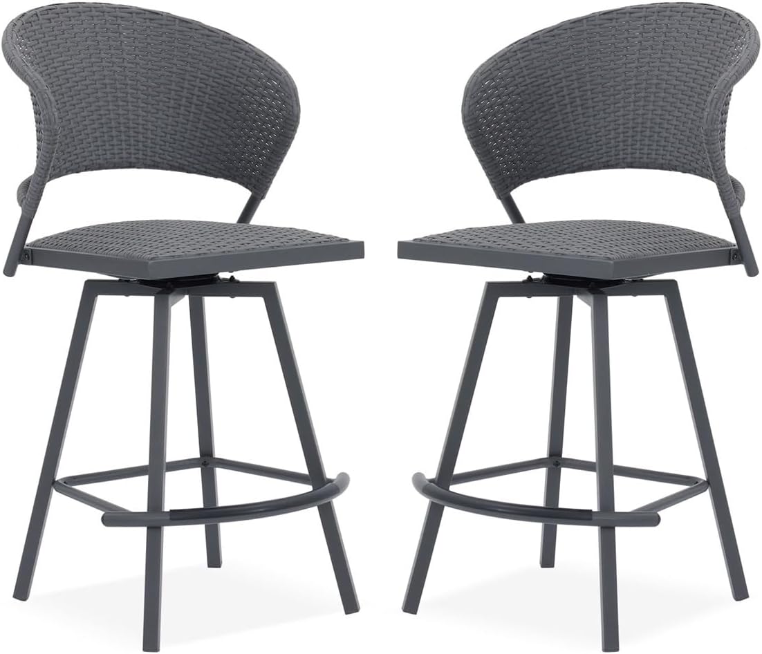 VICLLAX Patio Bar Stool Chairs with Footrests and Padded Seat, Bar Height Swivel Patio Chairs Set of 2, Grey Woven Wicker Swivel Bar Stools for Lawn Garden