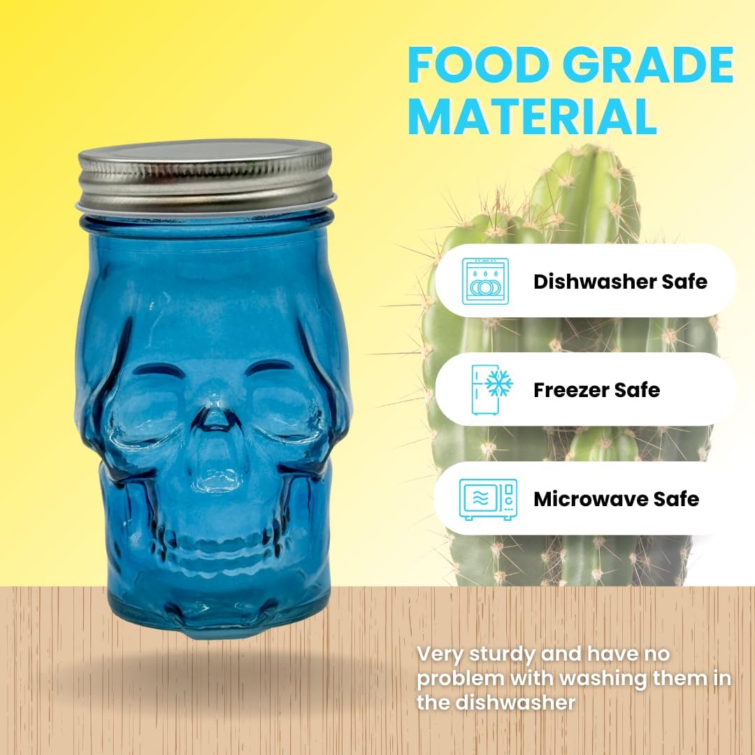 Generic 14 oz Colorful Skull Glass Mason Jar – Mix & Match 7 Vibrant Colors, Large & Durable! (Blue)