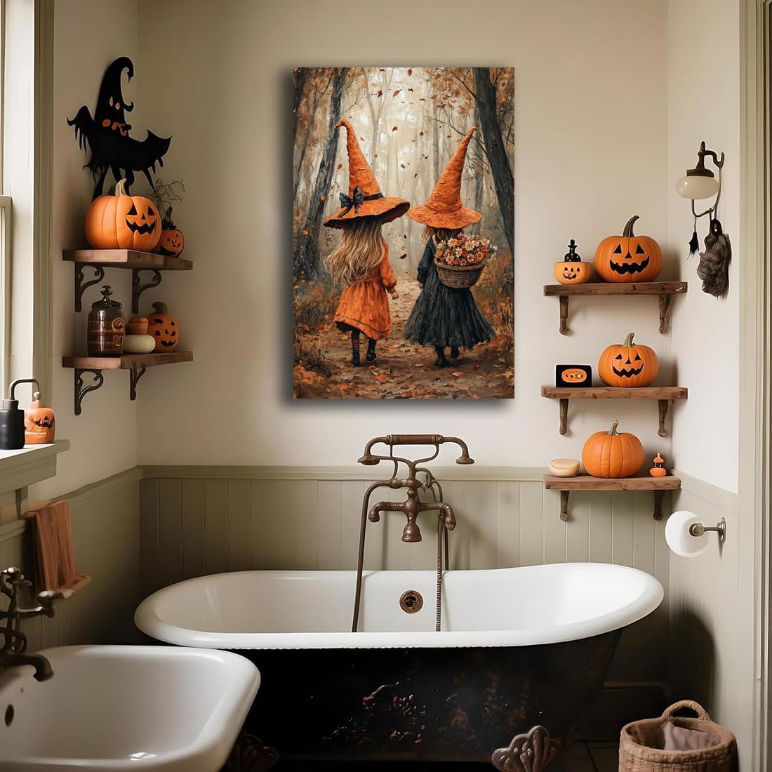 Fall Wall Art Witch Picture Decor,Little Girl Witch Halloween Wall Art, Vintage Autumn Whimsical Woodland Forest Picture, Family Room Nursery Playroom Children Room Decoration,16"x24" Framed