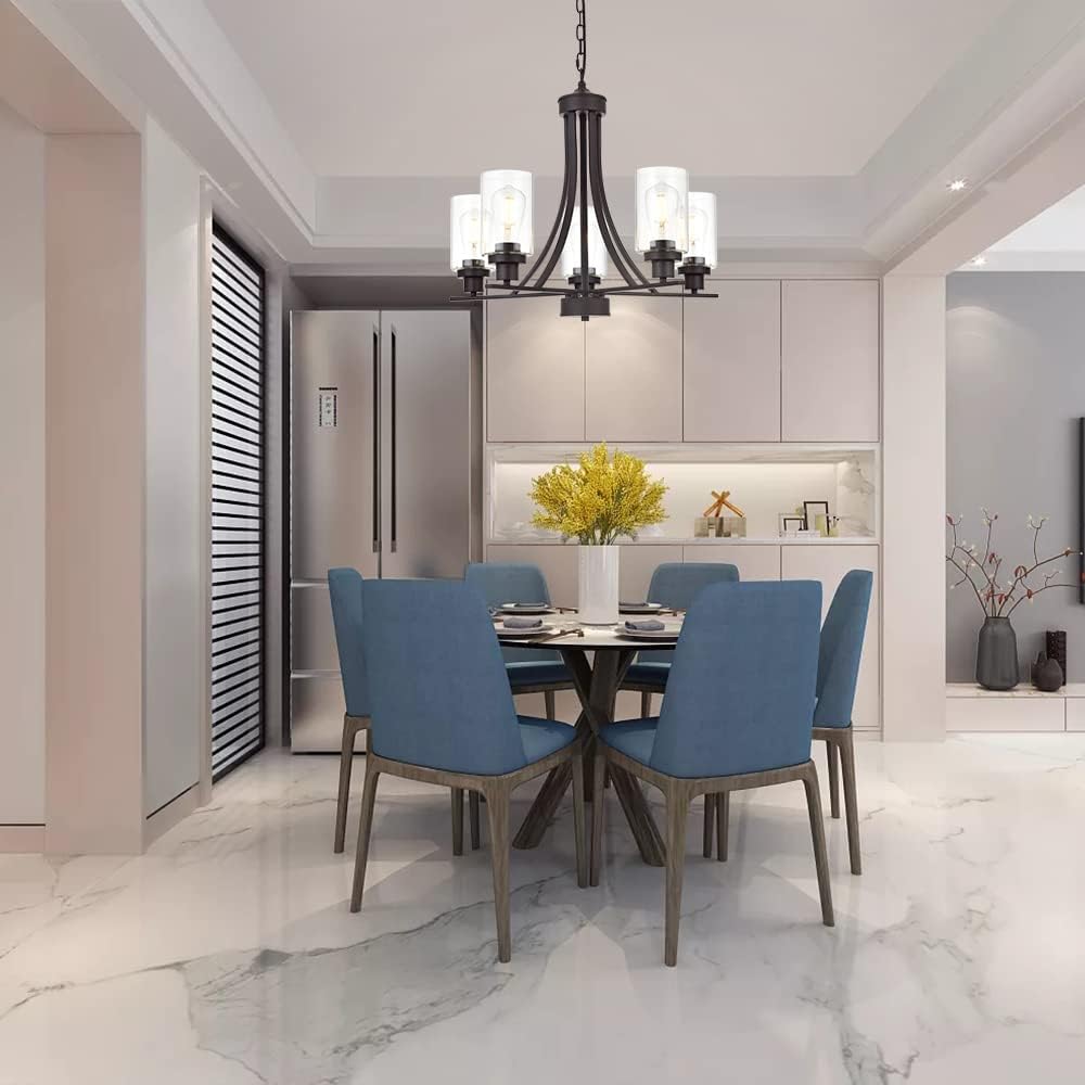 BONLICHT Rustic Kitchen Island 5-Light Oil-Rubbed Bronze Traditional Chandelier Industrial Vintage Pendant Lights Classic Glass Ceiling Lighting UL Listed