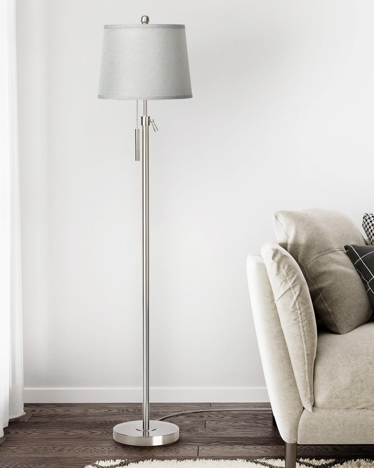Floor Lamp for Living Room,Adjustable Height Standing Lamp,Dimmable Modern Floor Lamps for Bedroom Office Tall Floor Lights with Pull Chain Bulb Included-Silver Gray Shade