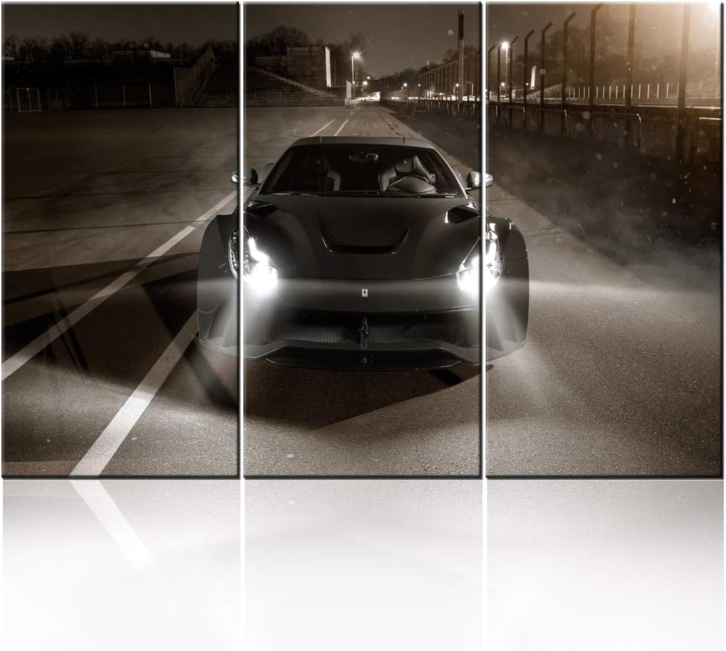 TUMOVO Sports Car Canvas Wall Art 3D Model Design On Black Background Picture Painting for Home Decoration Stretched Canvas and Ready to Hang - 28 x 14inch x 3 Panels