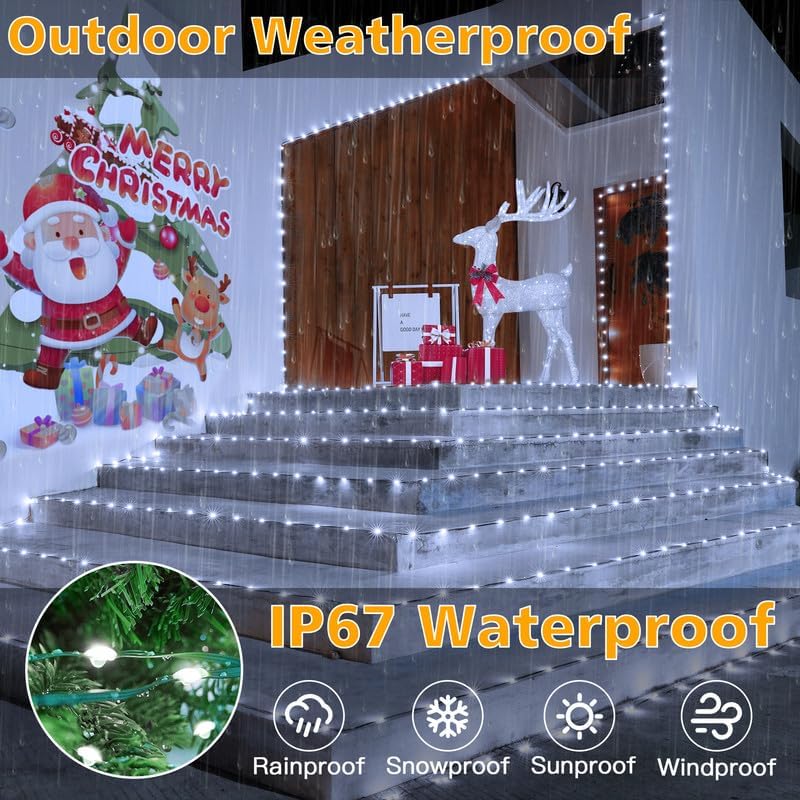 Ollny Christmas Lights Outdoor, 393FT 1200 LED IP67 Waterproof Christmas Tree Lights with 8 Modes Remote Timer, String Lights for House Yard Outside Indoor Xmas Decorations Cool White