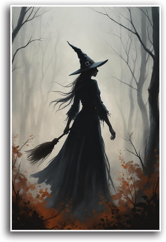 JFHCQJPK Vintage forest witch silhouette poster Halloween mural poster decoration mural art magic suitable for home living room bedroom16x24in Frameless