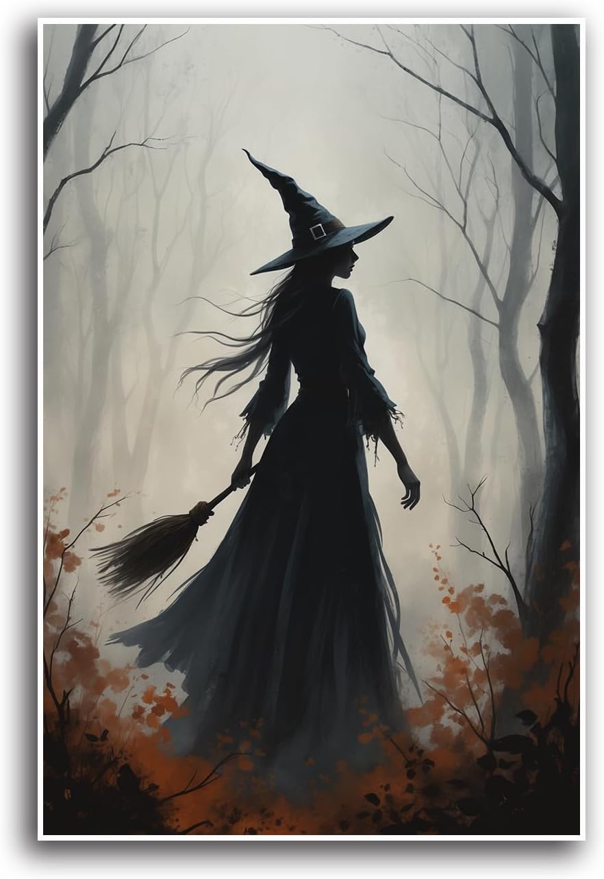 JFHCQJPK Vintage forest witch silhouette poster Halloween mural poster decoration mural art magic suitable for home living room bedroom28x40in Frameless