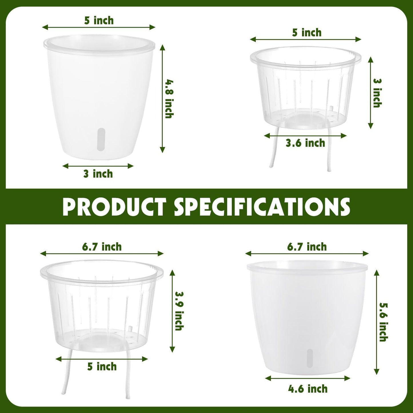 Self-Watering Pots for Indoor Plants, 8-Pack 6.7'' Self Watering Planter with Drainage Holes, Small African Violet Pots with Water Indicator, Clear Wick Pot, White