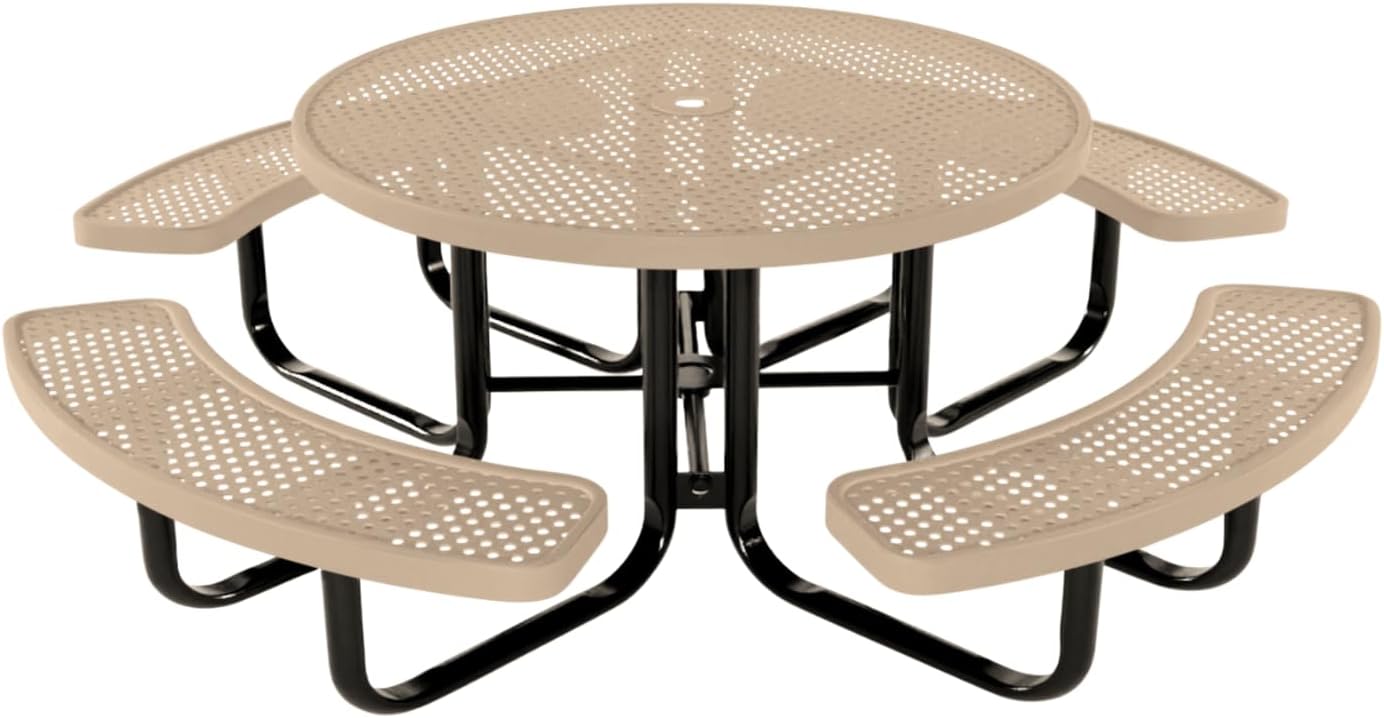 Coated Outdoor Furniture Heavy-Duty Portable Outdoor Kids Table with Umbrella Hole, Punched Steel Kids Picnic Table, Commercial-Grade, Made in America (46 In, Round, Childrens, Tan)