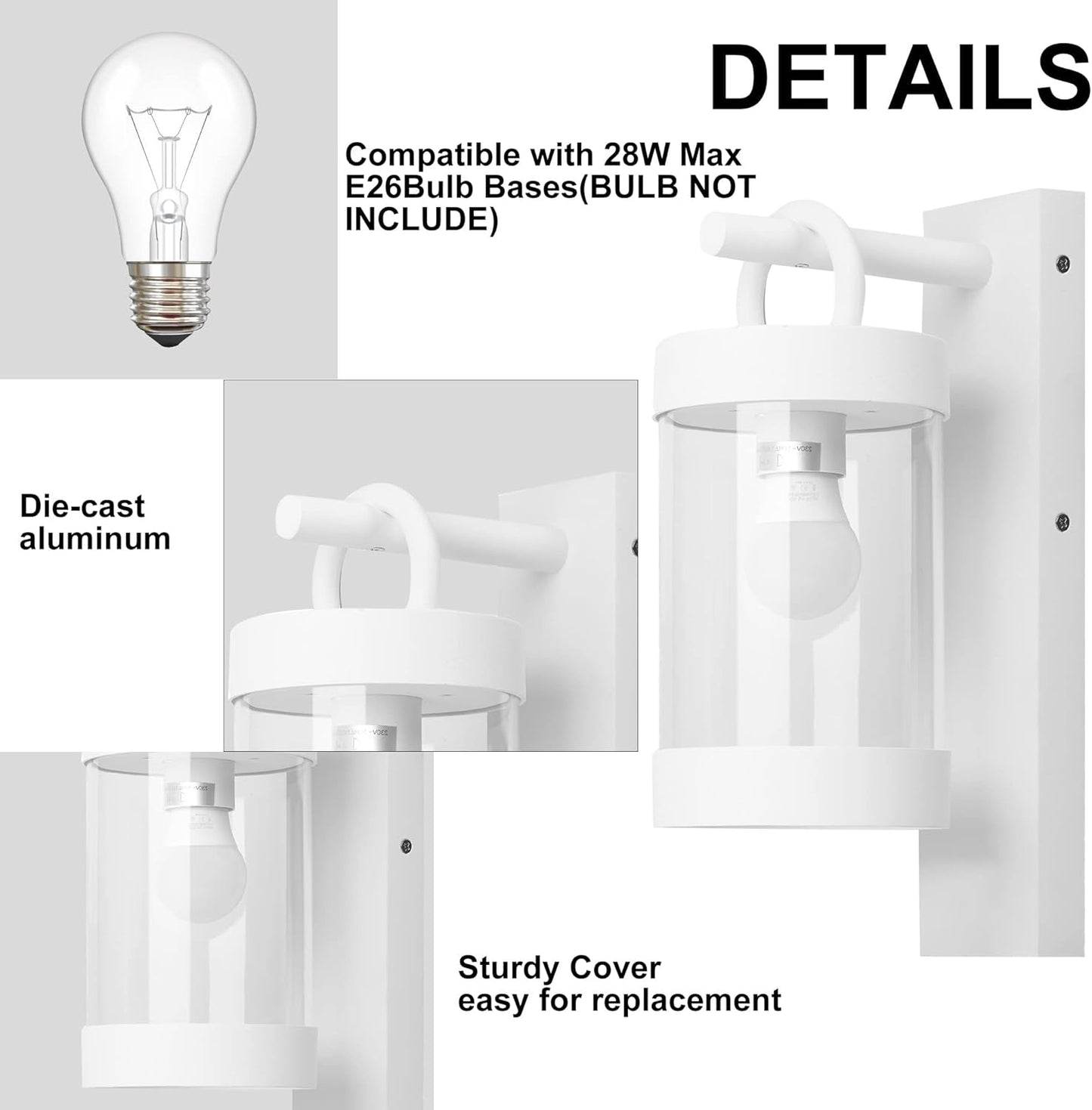 2 Pack Outdoor Wall Lantern with Dusk to Dawn Photocell Sensor,White Exterior Porch Light Fixture Wall Mount Lamp for House Garage Patio