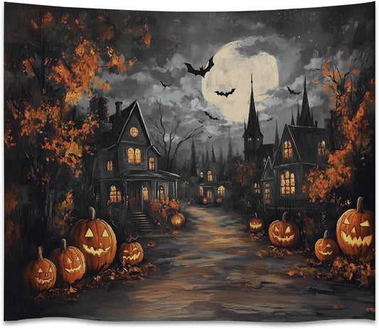 Spooky Halloween Tapestry Haunted Home Bats Pumpkin Tapestry Wall Hanging Dark Academia Fall Full Moon Decor Gothic Ghost Tapestries for bedroom Living Room Decoration 30x40inch