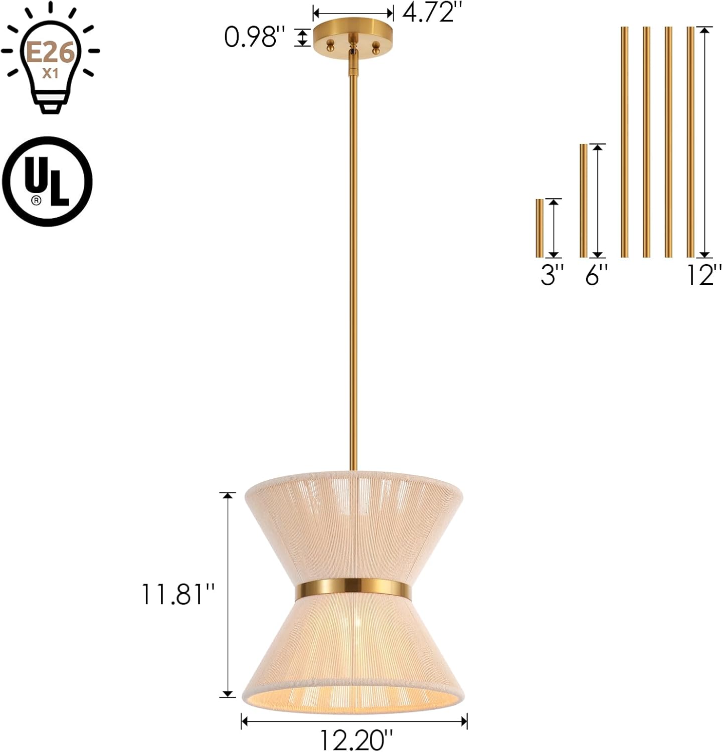 Hand Woven Boho Pendant Light Coastal Mini Modern Chandelier Adjustable Transitional Minimalist Pendant Lighting Fixtures for Kitchen Island Dining Room, White, Dia 12.2”, UL Listed