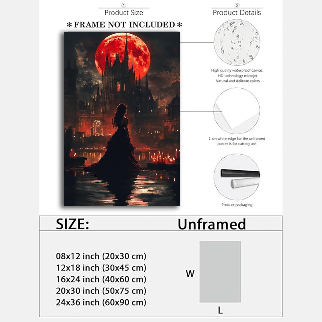 Halloween Witch Poster Canvas Prints Art Vintage Decor,Red Castle Blood Moon and Witch Scene Gothic Painting,Rustic Dark Academia Wall Art for Bathroom Spooky Living Room Wall Decor,16"x24" Unframed