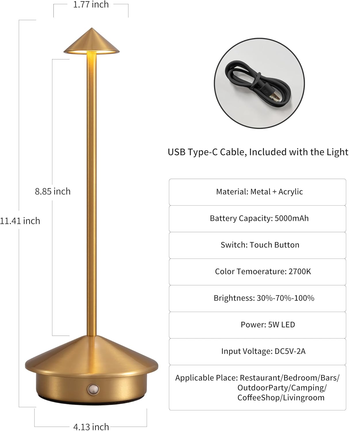 Modern Cordless Table Lamp Set of 2, Portable LED Desk Lamps, 5000mAh Rechargeable Battery Operated Lighting for Bedroom Dining Room Restaurant Coffee Shop Camping Night Light (Gold)
