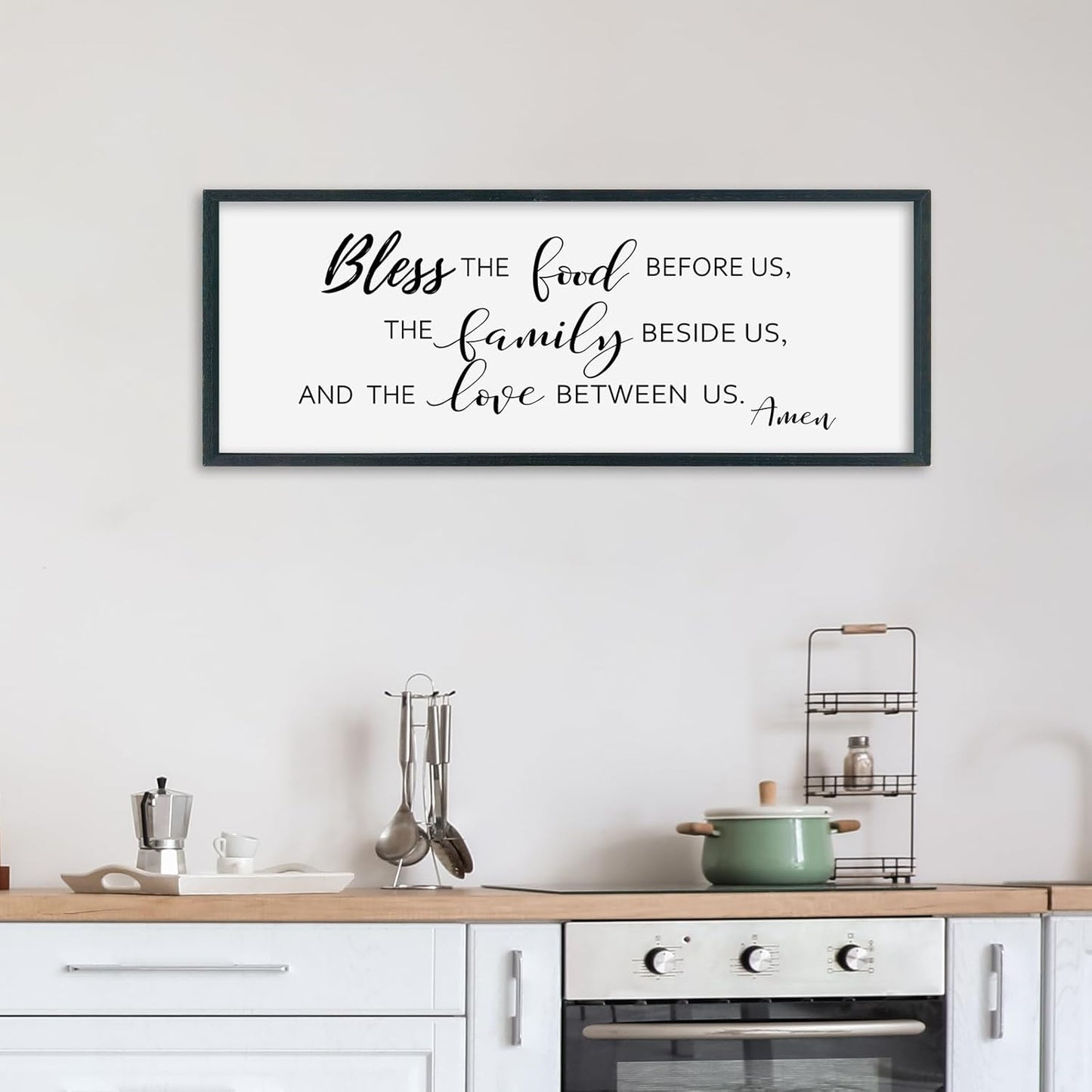 SRSZHIYUE Bless the Food Before Us Wall Sign Decor 32"×12" Christian Bible Verse for Farmhouse Rustic Kitchen Dining Room Framed Wood Scripture Religious Jesus Prayer Wall Art (Black)