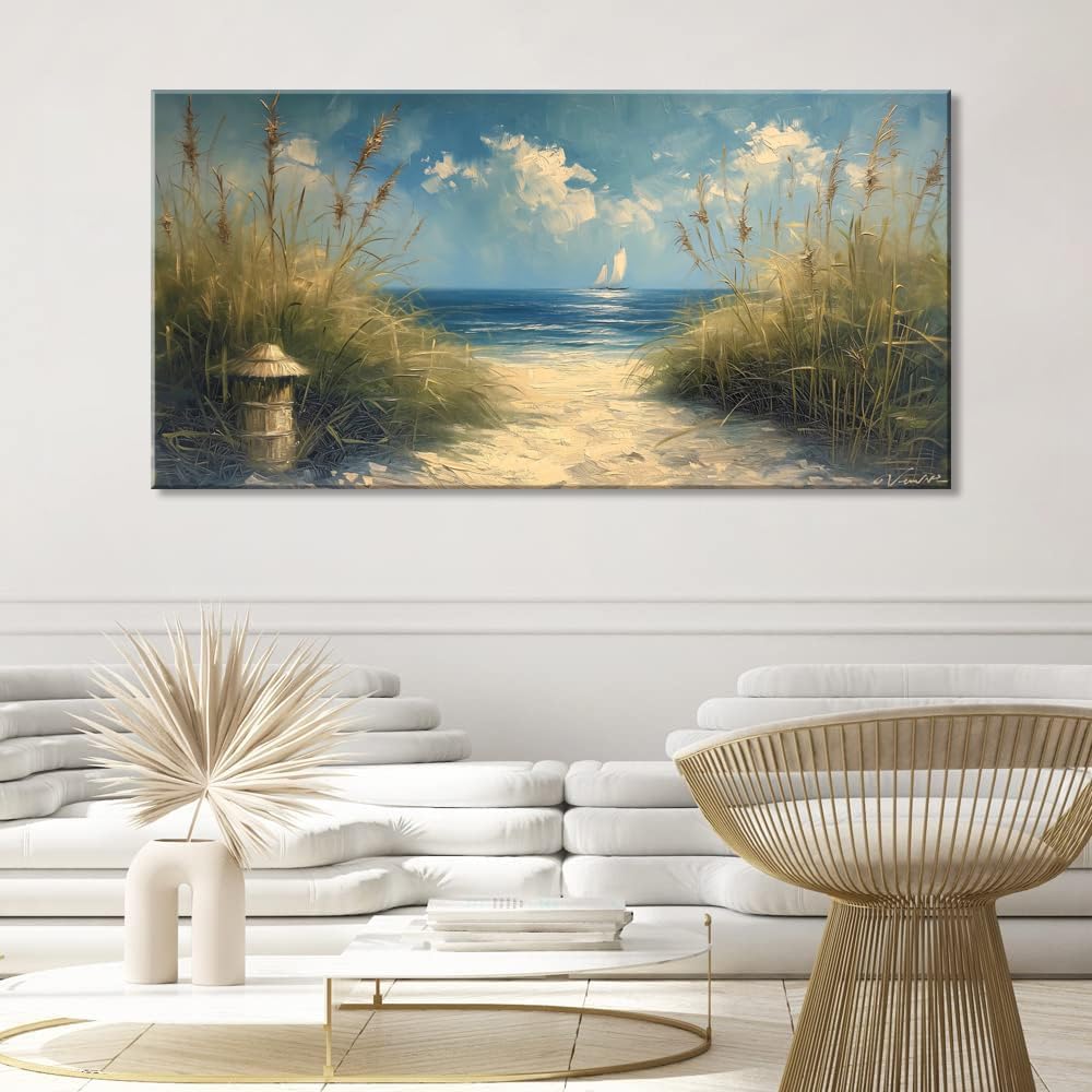 LASMOND Beautiful White Sandy Beach by Seaside Landscape Wall Art Decor Artwork for Bedroom Living Room (20x40 Inches)
