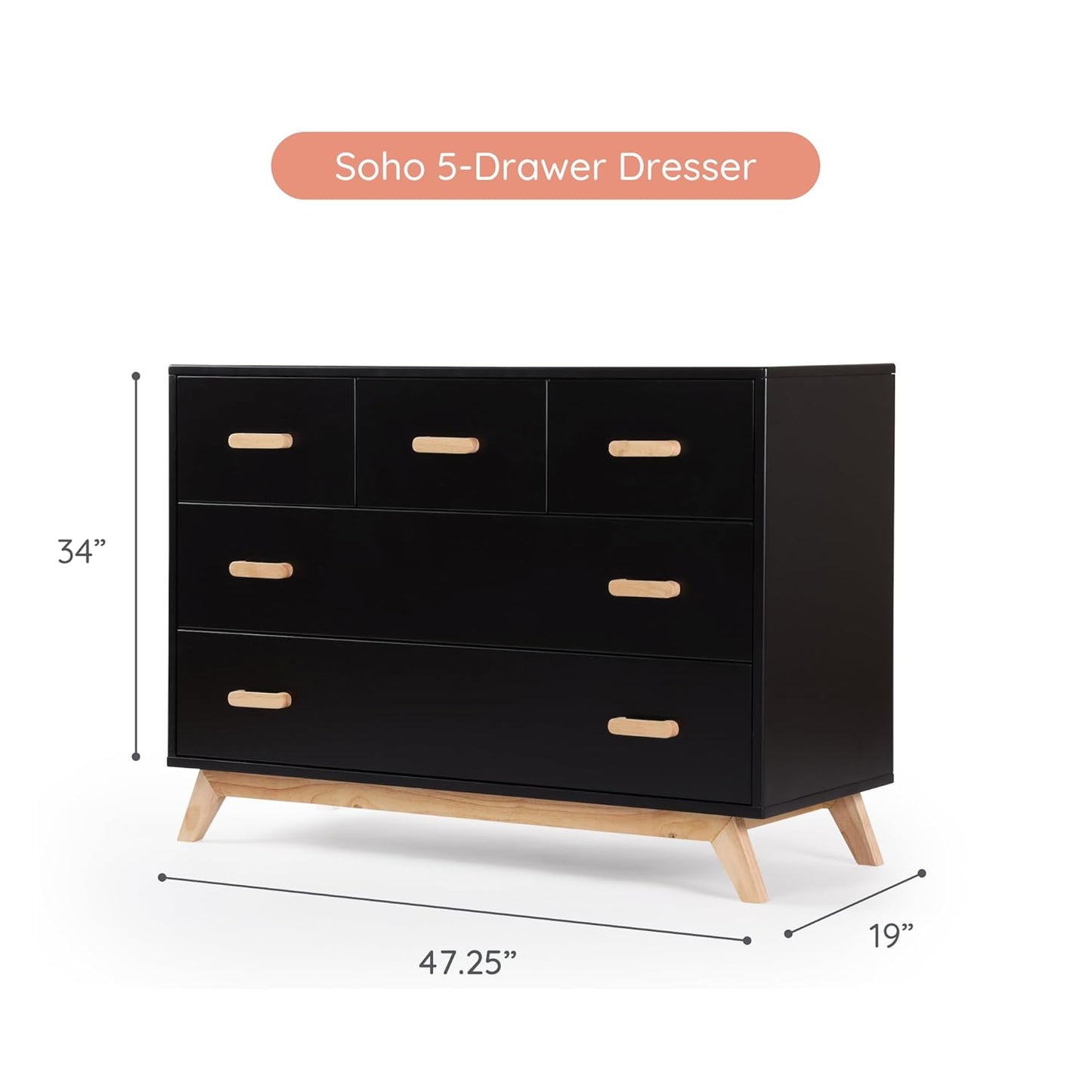 dadada Soho 5-Drawer Dresser for Nursery and Bedroom - Modern Design, Large Storage, Baby-Safe Finish, Soft Close Drawers, Anti-Tip Safety, Sturdy Legs & Solid Wood Handles, 47” Wide (Black+Natural)