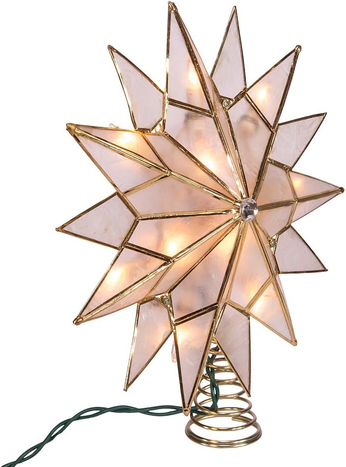 Kurt S. Adler UL3141 9.84" Brass Plated 7-Point Double Tip Capiz Star with Center Gem Tree Topper