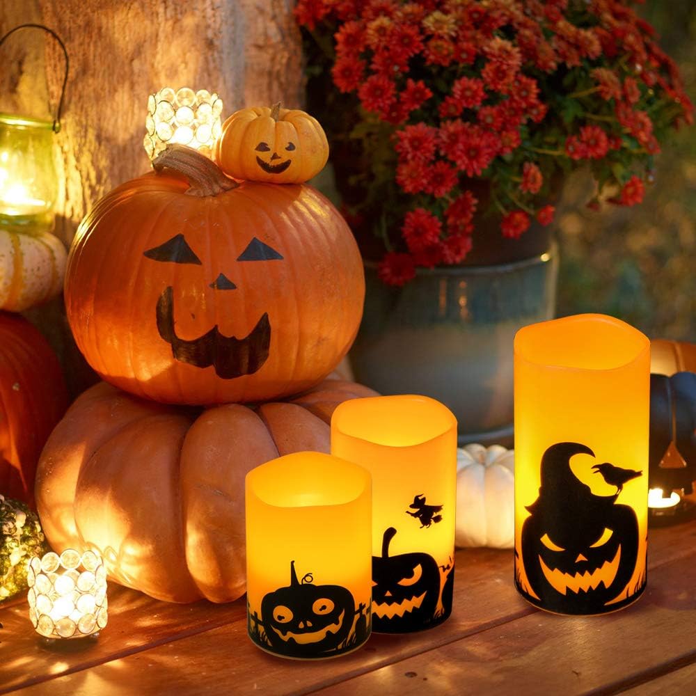 GenSwin Halloween Pumpin Flameless Candles, LED Battery Operated Pillar Pumpkin Candles with 6H Timer, 3 Pack LED Flickering Candles for Fall Spooky Halloween Decoration(D3 xH4 5" 6")