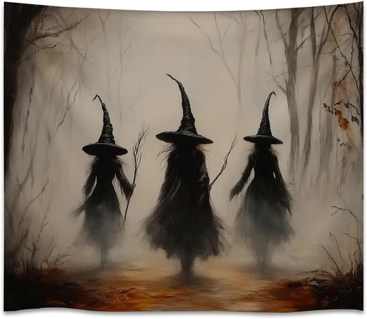 Witchy Halloween Tapestry Wall Hanging Vintage Spooky Witch Room Print Dark Academia Autumn Forest Three Witches Tapestries Decor for Halloween Living Room Bedroom Decoration 40x60inch