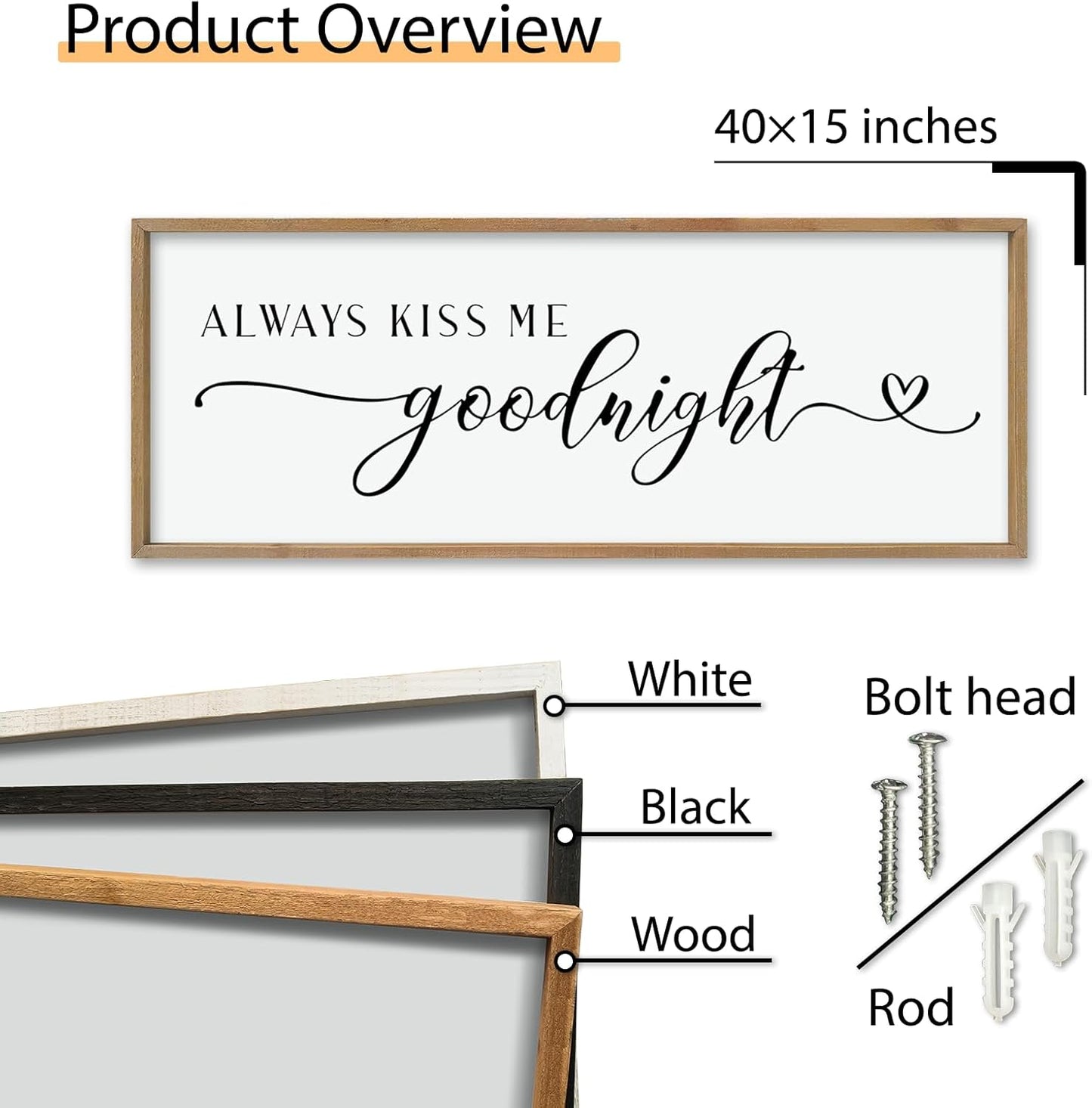 comurdyo Always Kiss Me Goodnight Sign for Bedroom Above bed Wall Decor 40''×15'' Large Wood Frame For Couples Over Bed Hanging Wall Art (Wood)