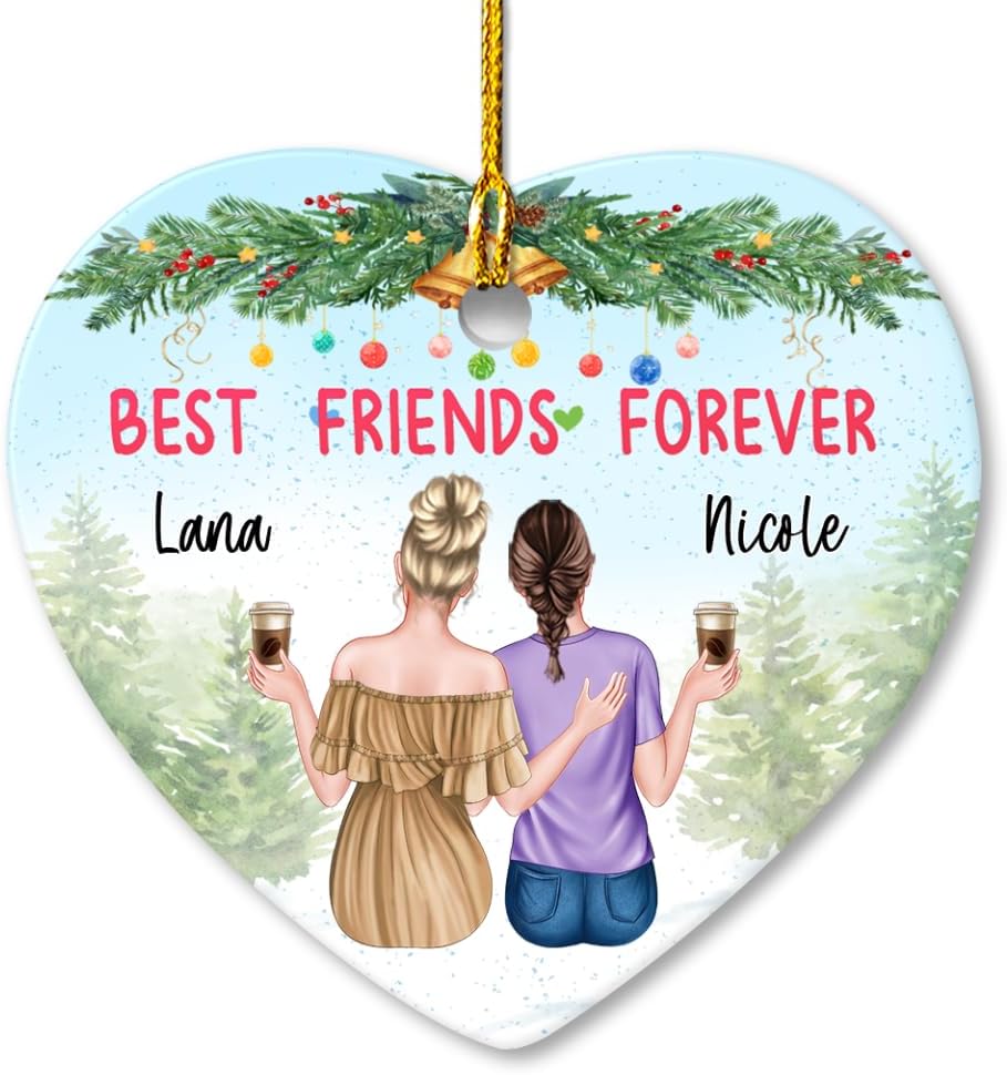 Personalized Best Friend Ornament Friendship Christmas Heart Ceramic Ornaments Keepsake Gifts for Bestie BFF Soul Sister Hanging Xmas Tree Decor