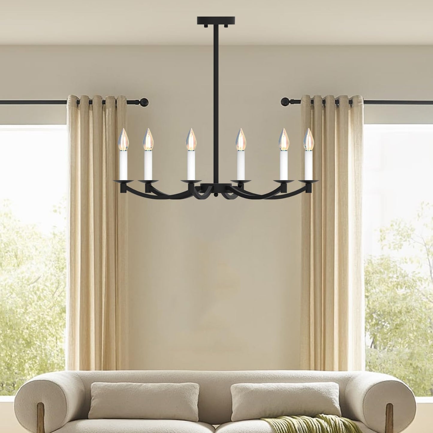 Modern Black Chandelier, Round LED Ceiling Hanging Lamp, Farmhouse Candle Pendant Light Fixtures for Bedroom Living Room Dining Room Kitchen Island (Black-A 6Lights)