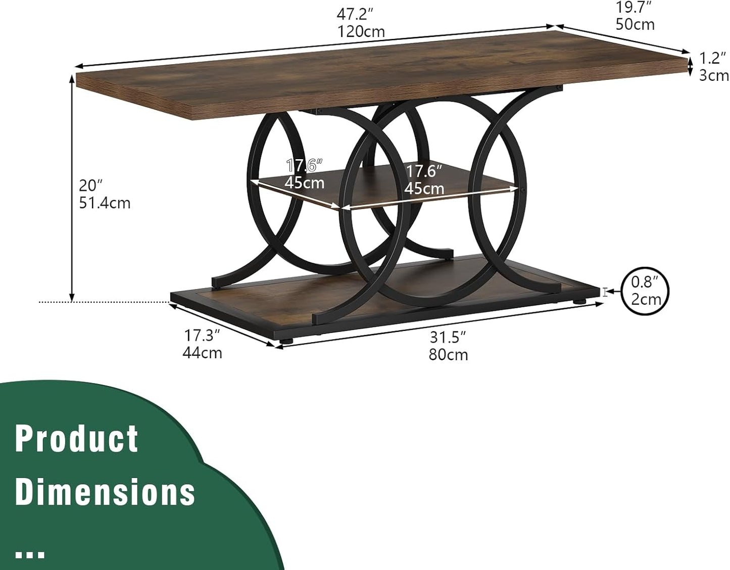 GiftGo Rustic Coffee Table with Storage Industrial 3 Tier Center Living Room Table Farmhouse Wooden Rectangle Cocktail Tea Table for Office Bedroom Elegant Full Moon Round Metal Frame (Brown, L-47)