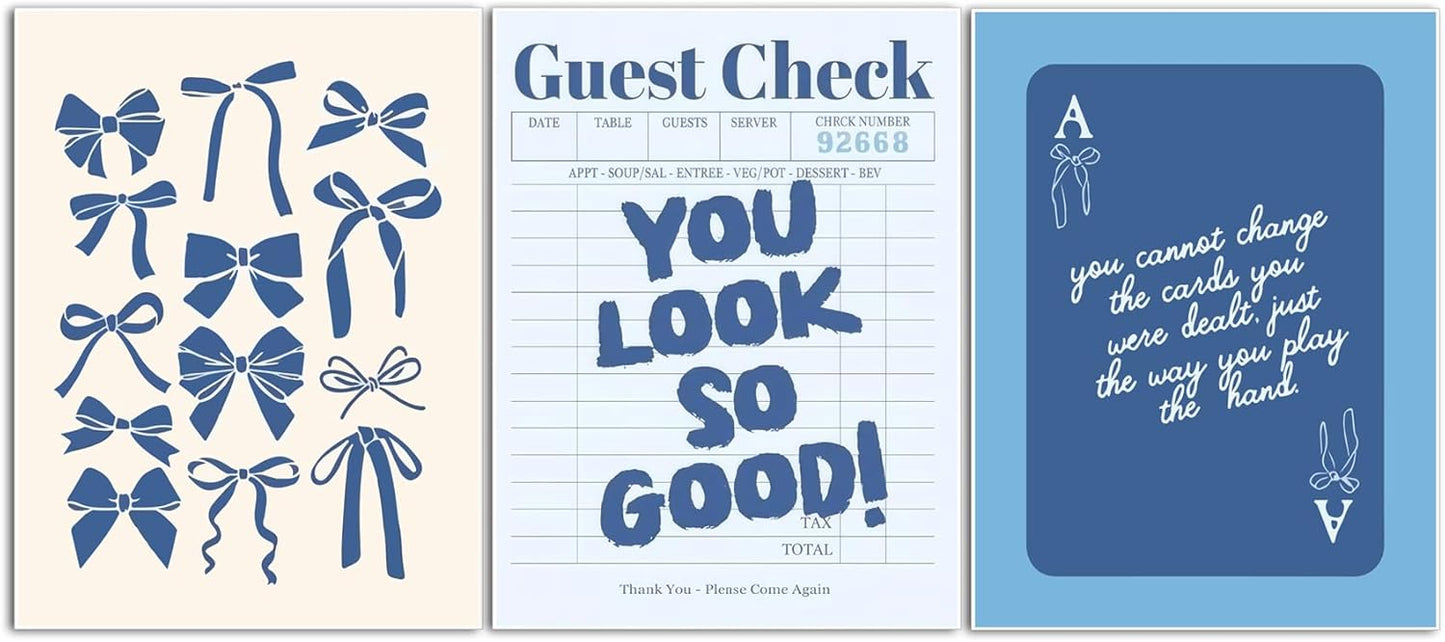 Blue Preppy Wall Art Set of 3 Trendy Navy Bow Posters Retro Guest Check Canvas Prints Poker Painting Minimalist Positive Quote Picture Decor Aesthetic for Living Room Dorm Apartment 12x16in Unframed