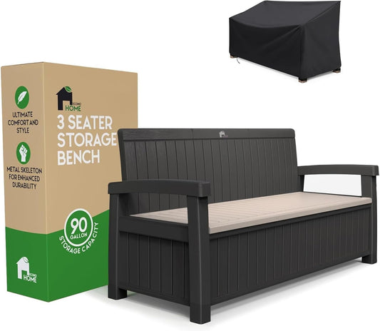 EconoHome 3 Seat Outdoor Storage Bench with Rain Cover - 90 Gallon Capacity - Weatherproof Resin Bench for Patio, Porch, Garden, Yard, Pool Area - Furniture for Pool Accessories, Gardening Tools
