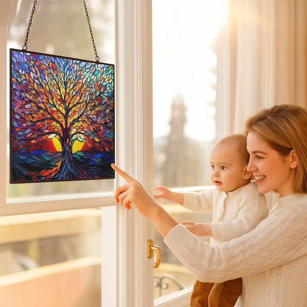 Rectangle Tree of Life Stained Glass Window Hanging, 15" W X 11" H Stained Glass Panel with Chain, Suncatchers for Windows Hanging Decorations, Gifts for Mom, Grandma, Wife, Sister