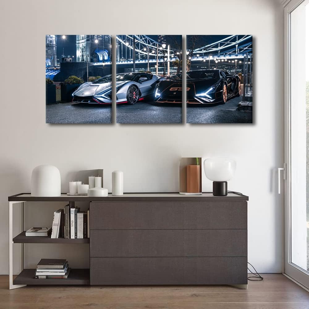 Wall Art for Living Room Black and White Sports Car Bedroom Wall Decor Super Car Wall Paintings for Office Speed Car on the Road Print On Canvas Modern Artwork Stretched Ready to Hang, 36"Wx16"H