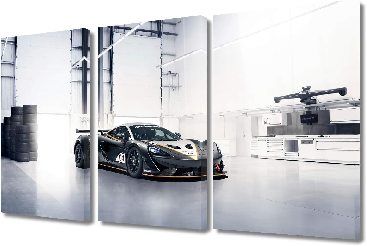 TUMOVO 3 Pieces Black and White Sports Car Wall Art Picture Home Decoration Living Room Canvas Print Painting Wall Picture with Frame and Stretched Ready to Hang - 12 x 24 inch x 3 Panels