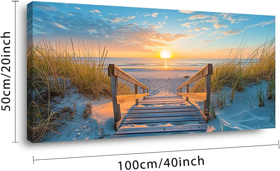 LASMOND Beautiful White Sandy Beach Pier by Seaside at Sunset Landscape Wall Art Decor Artwork for Bedroom Living Room (20x40 Inches)