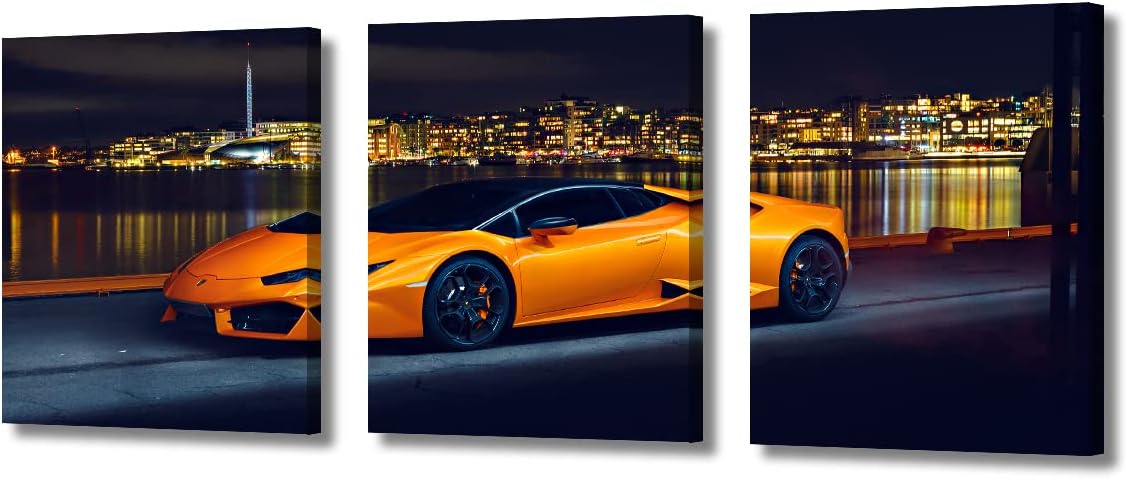 TUMOVO Canvas Art Wall Decor Orange Car Poster for Men Boys Bedroom Décor Wall Art Pictures for Living Room Sports Car Wall Painting Modern Wall Art Stretched and Framed Ready to Hang 36" Wx16 H