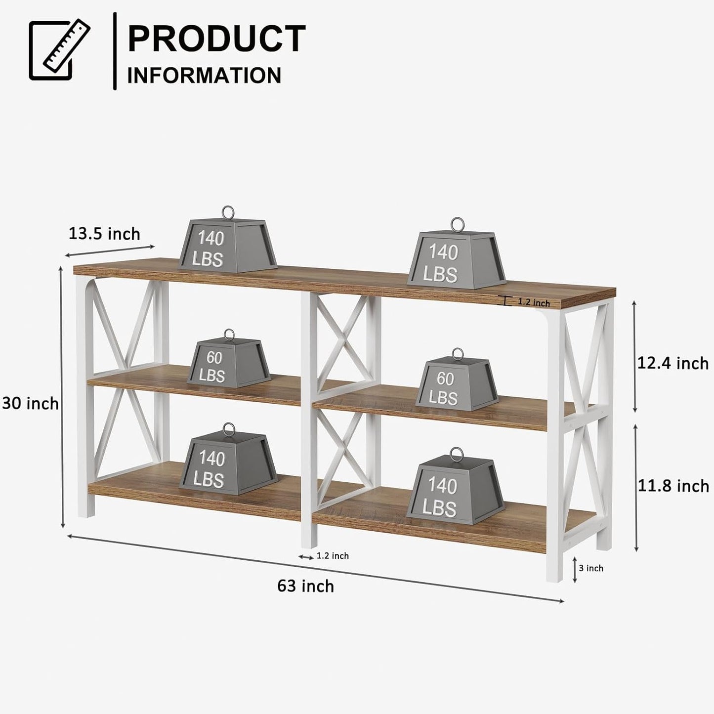 LVB Industrial Entryway Table, Farmhouse Rustic Console Table Behind Couch, Long Metal Sofa Table with Storage Shelf, Modern Hallway Table for Living Room Bedroom,White and Rustic Oak,63 inch