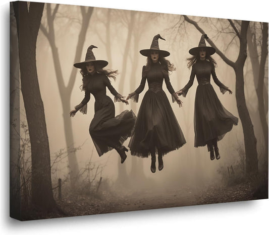 Three ghost witches flying in vintage forest gothic wall art witchcraft decoration holiday gift canvas wall art print28x40in Wood Framed