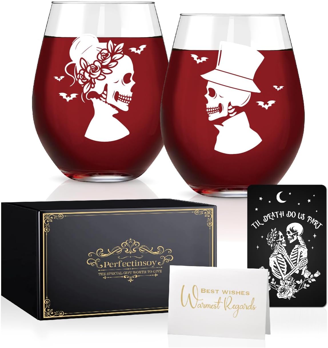 Perfectinsoy Skull Wine Glass 2 Piece with Gift Box, Zombie Design, Valentine's Day Autumn Halloween, Anniversary Wedding Gifts, Couple Gifts for Boyfriend and Girlfriend. (Skull Set of 2 A)