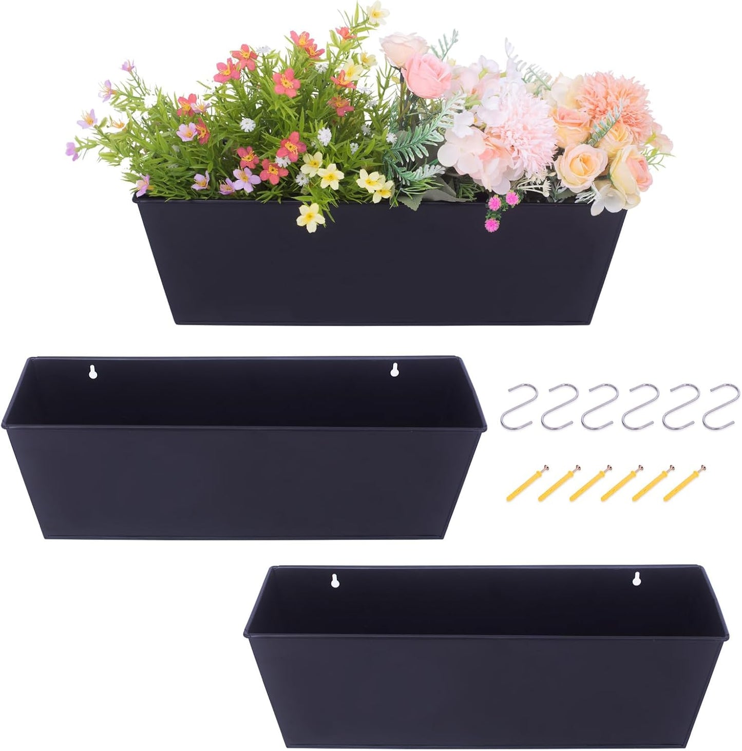Wall Hanging Planters for Outdoor Plants 16 Inch Large Metal Fence Pots with Hooks for Outside Garden Balcony Plants 3PCS（Black）