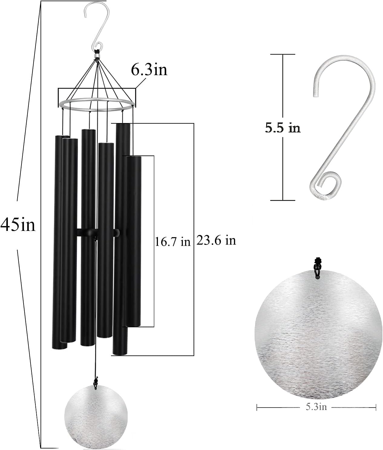 ASTARIN Outdoor Deep Tone,45Inch Sympathy Wind Chimes for Outside with 6 Tubes Tuned Relaxing Melody,Memorial Wind Chimes Large for Mom,Garden Decor,Black