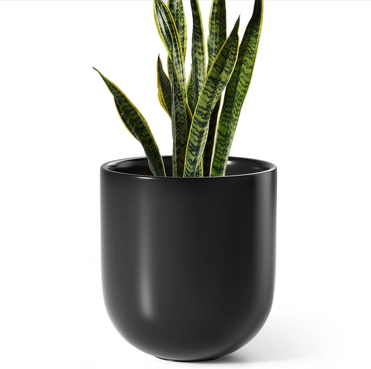 LE TAUCI 10 Inch Plant Pot, Ceramic Pots for Plants with Drainage Hole and Rubber Plug, Plant Pots Indoor for Olive Tree, Cylinder Planter Pot for Home Patio Office, Black