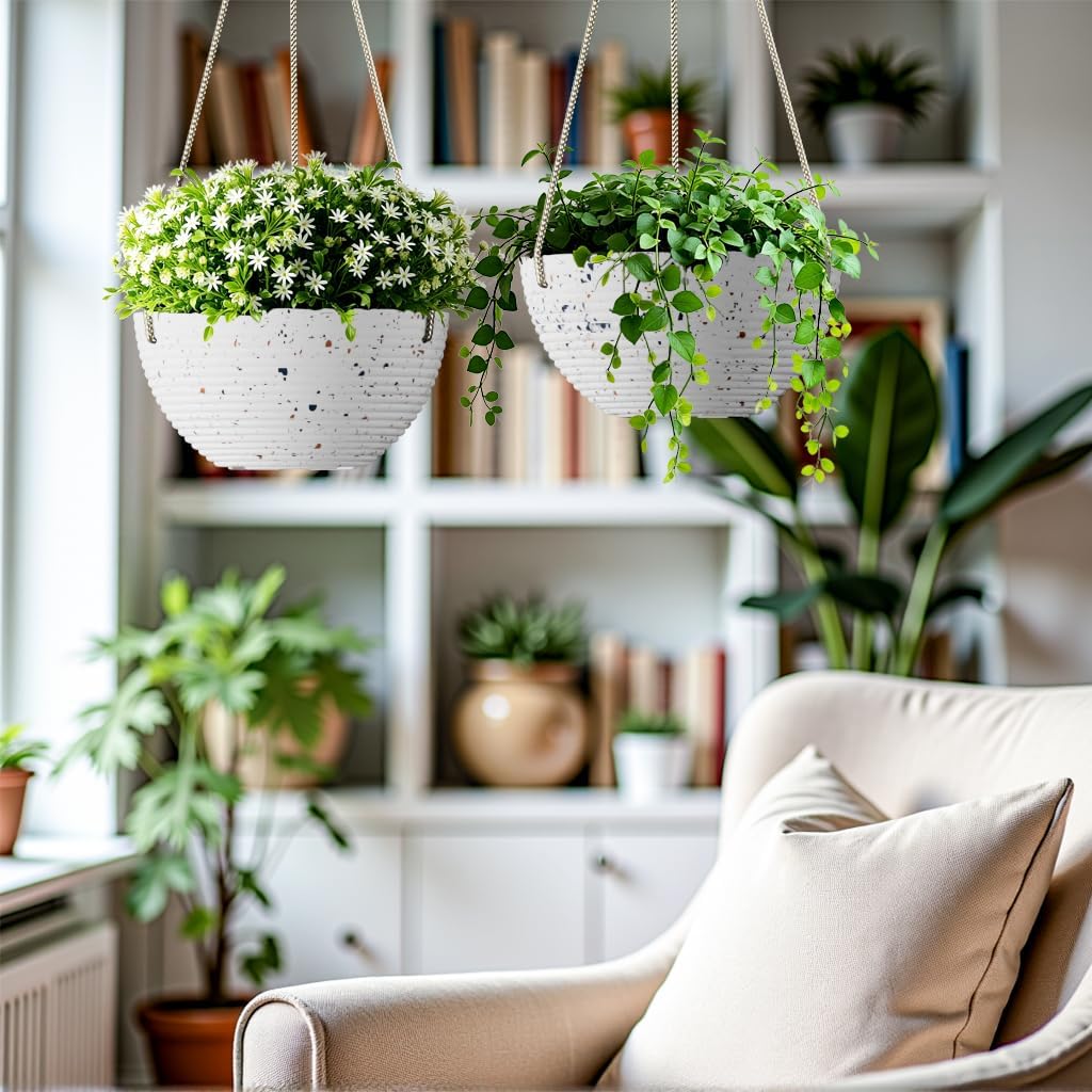 Line Pattern 10 Inch Hanging Planter for Indoor Outdoor Plants, 2 Pack Round Hanging Pots for Plants (Speckled White)
