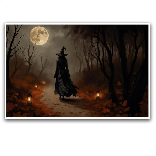 JFHCQJPK Moonlight witch poster dim lantern Halloween decoration Gothic style dark retro college style canvas wall art suitable for living room bedroom24x36in Frameless