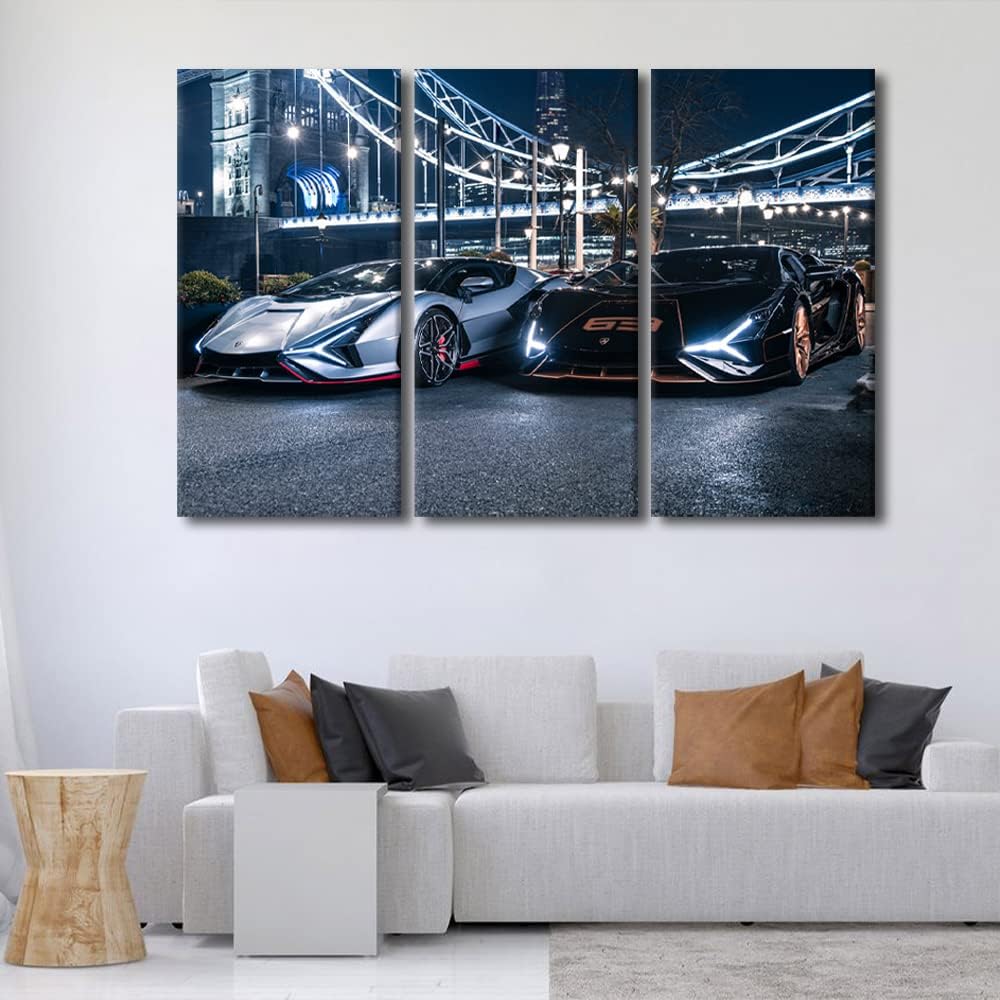 Wall Art Decor Painting on Canvas Sports Car Poster Pictures for Home Walls Super Cars and Bridge Landscape Office Wall Art 3 Pieces Framed Modern Artwork for Living Room Boys Bedroom, 42" Wx28 H