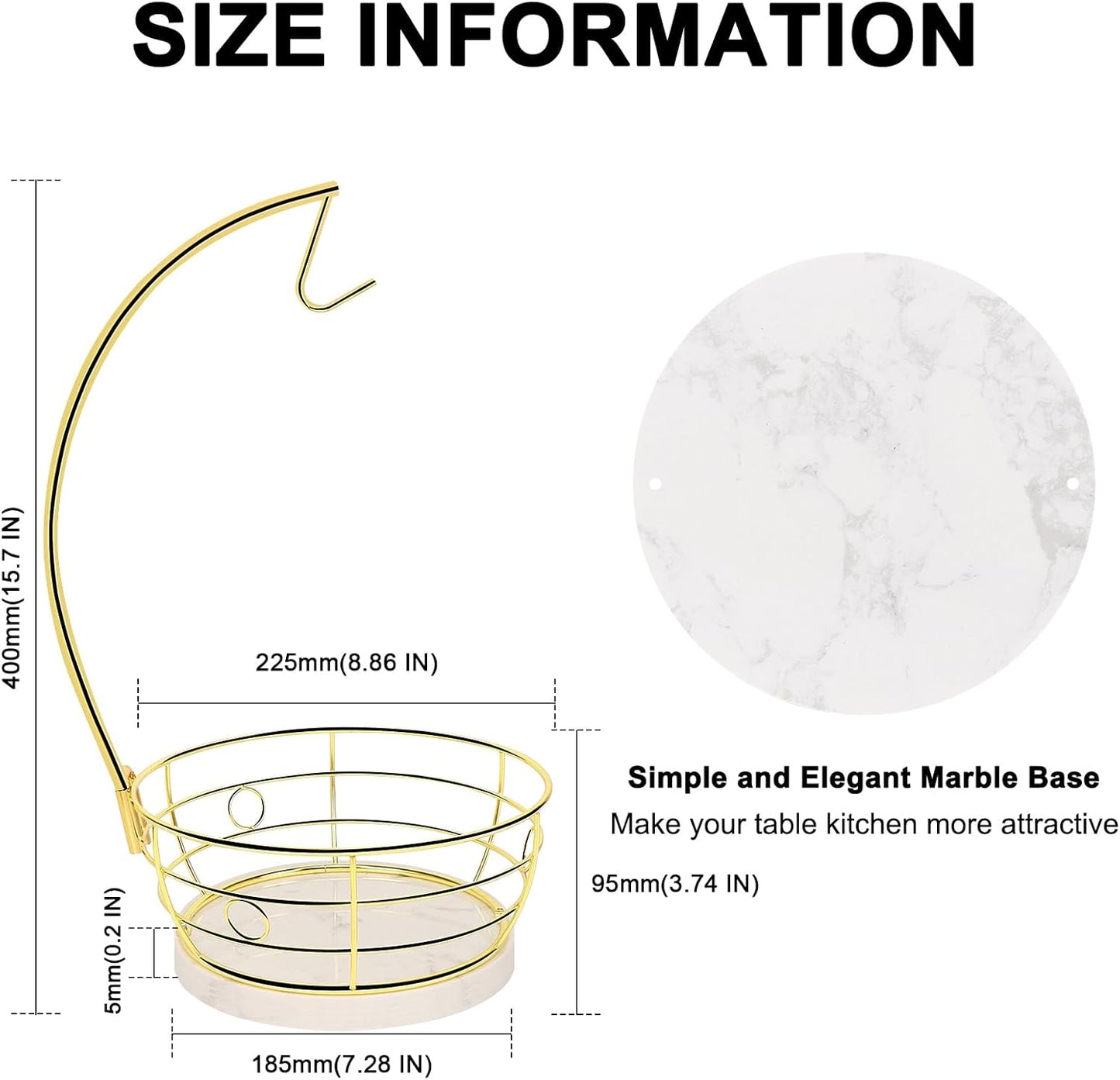 Livabber Countertop Fruit Basket Bowl with Banana Hanger, Modern Standing Fruit Vegetable Bowl Storage, with Banana Tree Holder for Kitchen Dinning Table (Round Marble, Gold)