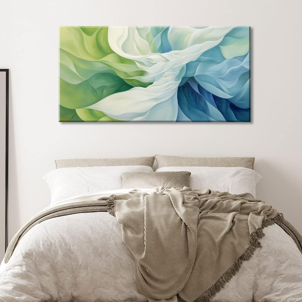 LASMOND Abstract Lines Wall Art for Living Room Canvas Prints Aqua Turquoise Blue Green Artwork Paintings Decor Bedroom Office Girl Woman (46x23 Inches)