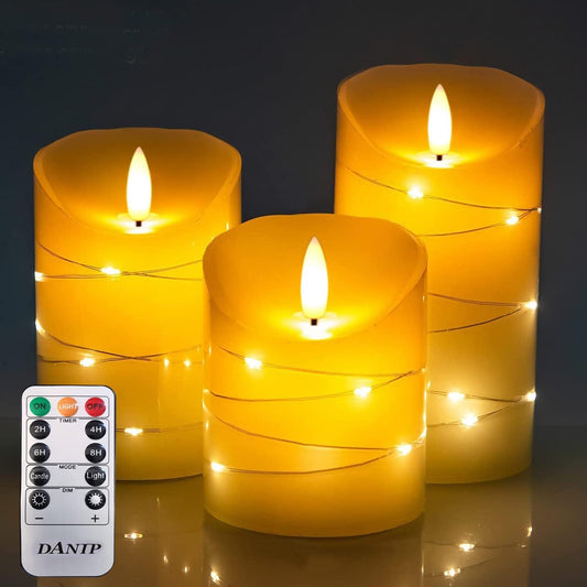 DANIP Ivory LED flameless Candle, with Embedded Star String, 3-Piece LED Candle Set, with 11 Button Remote Control, 24-Hour Timer Function, Dancing Flame, Real Wax, Battery Powered. (Ivory)