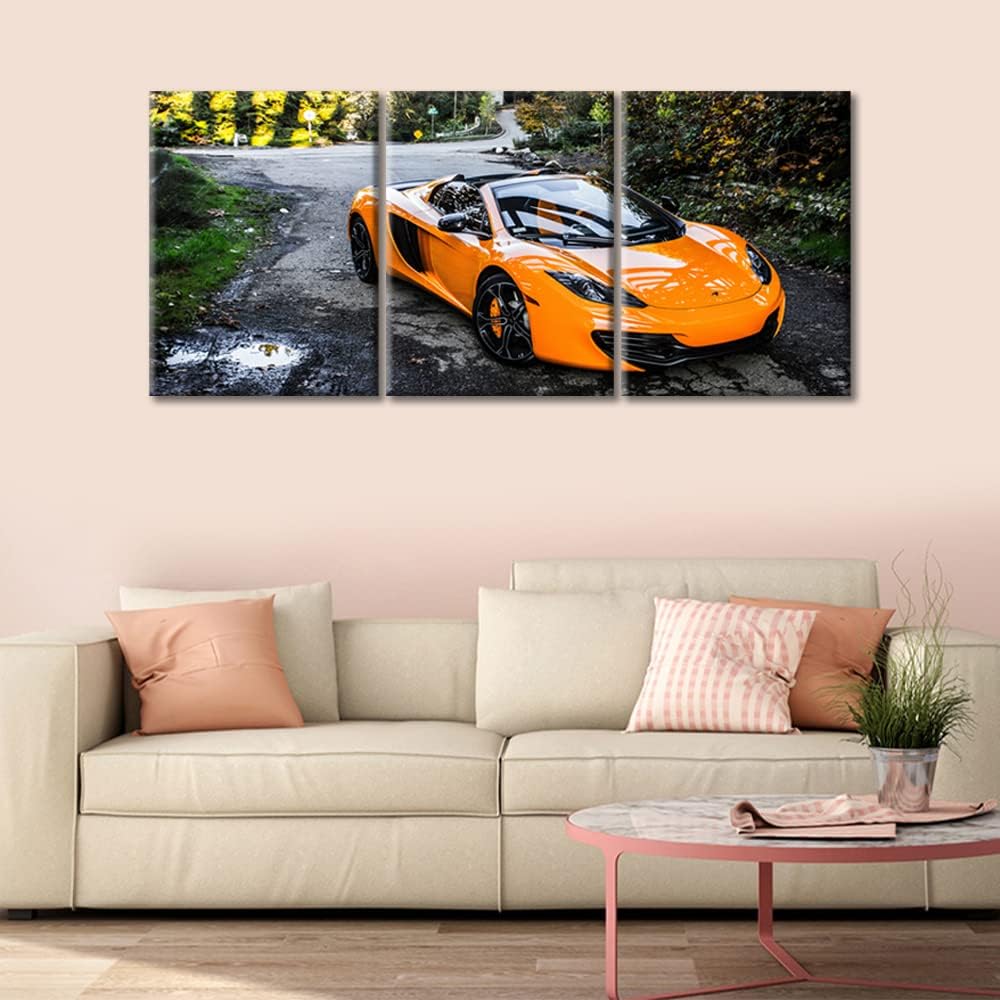 TUMOVO Orange Car Canvas Wall Art for Living Room Cool Sports Car Posters Large Wall Art Modern Artwork Contemporary Home Decor Print On Canvas Ready to Hang for Men Boys Bedroom Office 36" Wx16 H