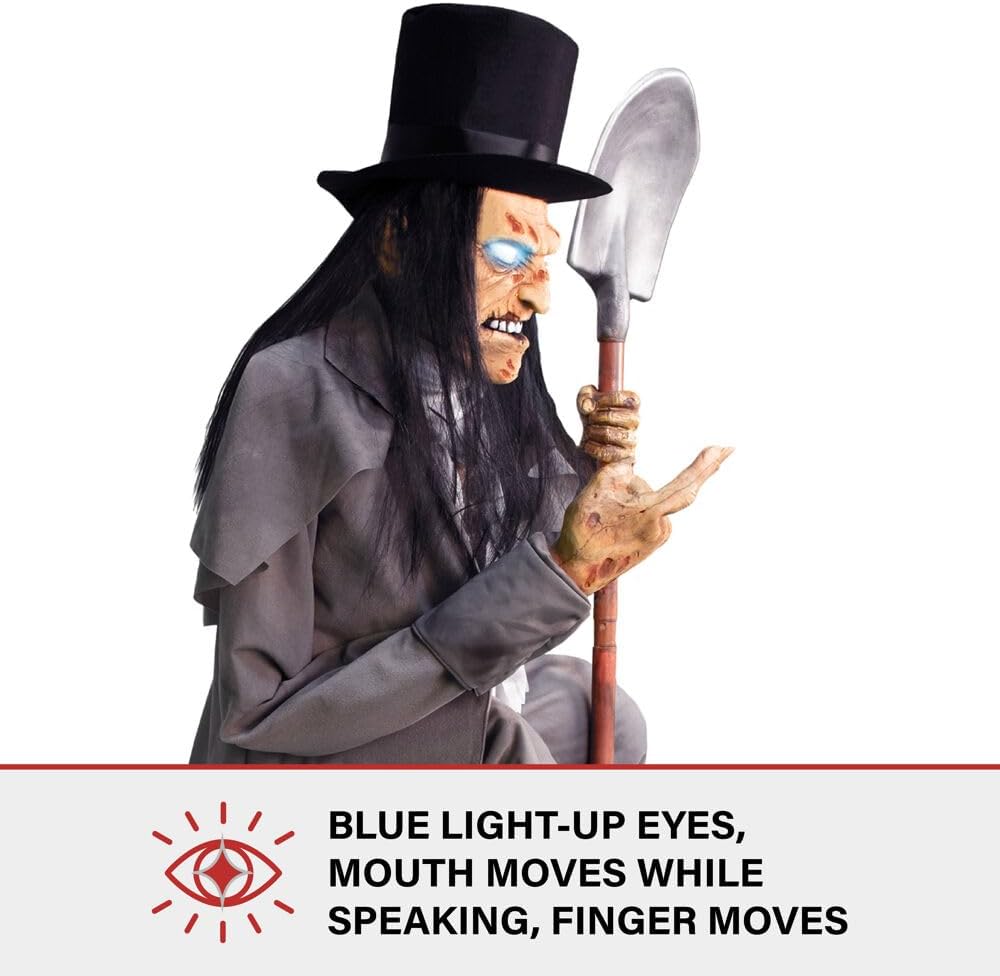 Haunted Hill Farm Motion-Activated Crouching Grave Digger by Tekky, Talking Halloween Animatronic for Indoor or Covered Outdoor Creepy Halloween Decorations, Plug-in or Battery Operated Fright Props