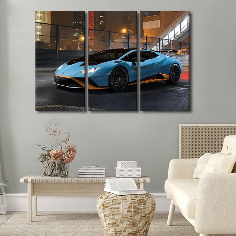 Car Poster Decor Wall Art for Bedroom Blue Super Car Canvas Painting Sports Car Large Wall Art for Living Room Hypercar Speed Blur Contemporary Home Decor 3 Panels Stretched on Wooden Frame 60"Wx40"H