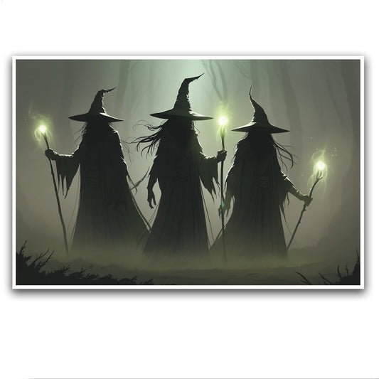 JFHCQJPK Vintage 3 witches canvas wall decor melancholy dark Halloween poster wall decor holding a staff print Gothic horror Halloween painting print for living room bedroom8x12in Frameless
